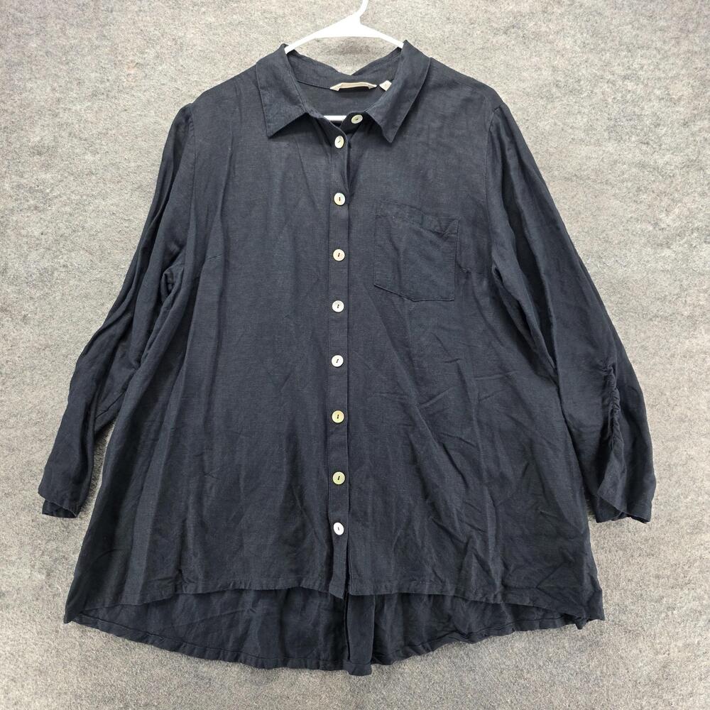 Soft Surroundings Shirt Womens 1X Navy Blue Linen Button Front Tunic Casual